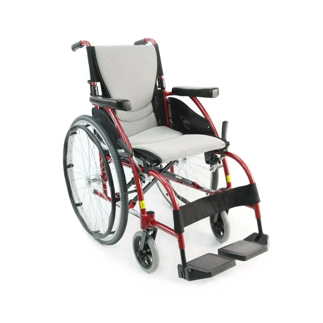 The Karman S-Ergo 105 Wheelchair is lightweight and ergonomic, featuring a red frame with gray cushioning. It includes large rear wheels, small front wheels, fixed adjustable footrests, and black armrests for comfort and pressure relief.